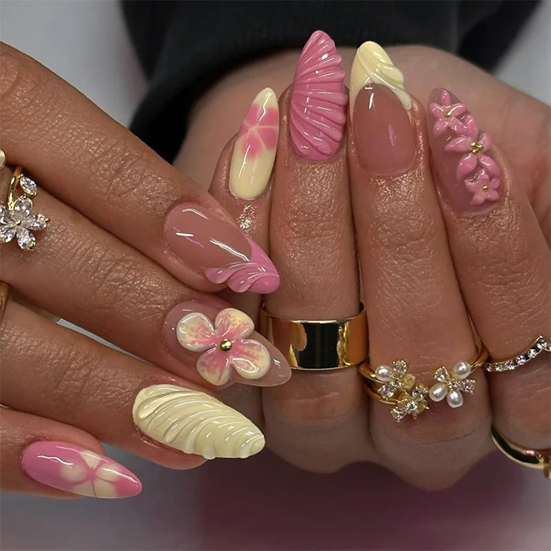 24pcs Almond False Nails Tips Summer Beach Colorful Nails Sets with Pearl Flower Design Press on Nails Art Wearable Fake Nail