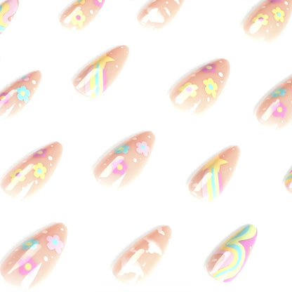 24pcs Cute Colorful False Nail Tips for Girl Rainbow Cloud Star Printed Almond Fake Nails Full Cover Reusable Adhesive Fake Nail