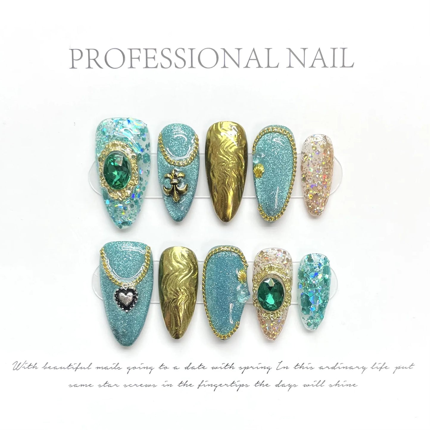 10pcs Green Long-pointed Press On Nails For Wedding Flash Gold Foil Chain Decors Luxury False Nails New Year French Fake Nail