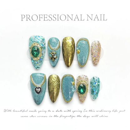 10pcs Green Long-pointed Press On Nails For Wedding Flash Gold Foil Chain Decors Luxury False Nails New Year French Fake Nail