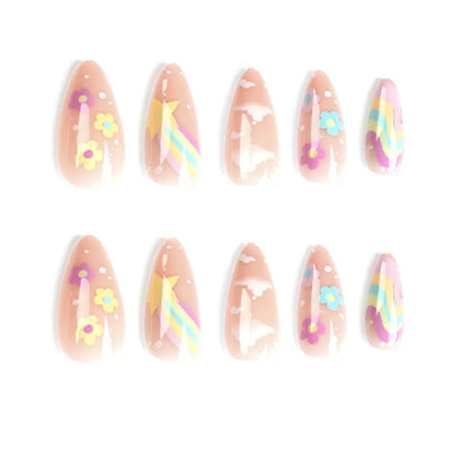 24pcs Cute Colorful False Nail Tips for Girl Rainbow Cloud Star Printed Almond Fake Nails Full Cover Reusable Adhesive Fake Nail
