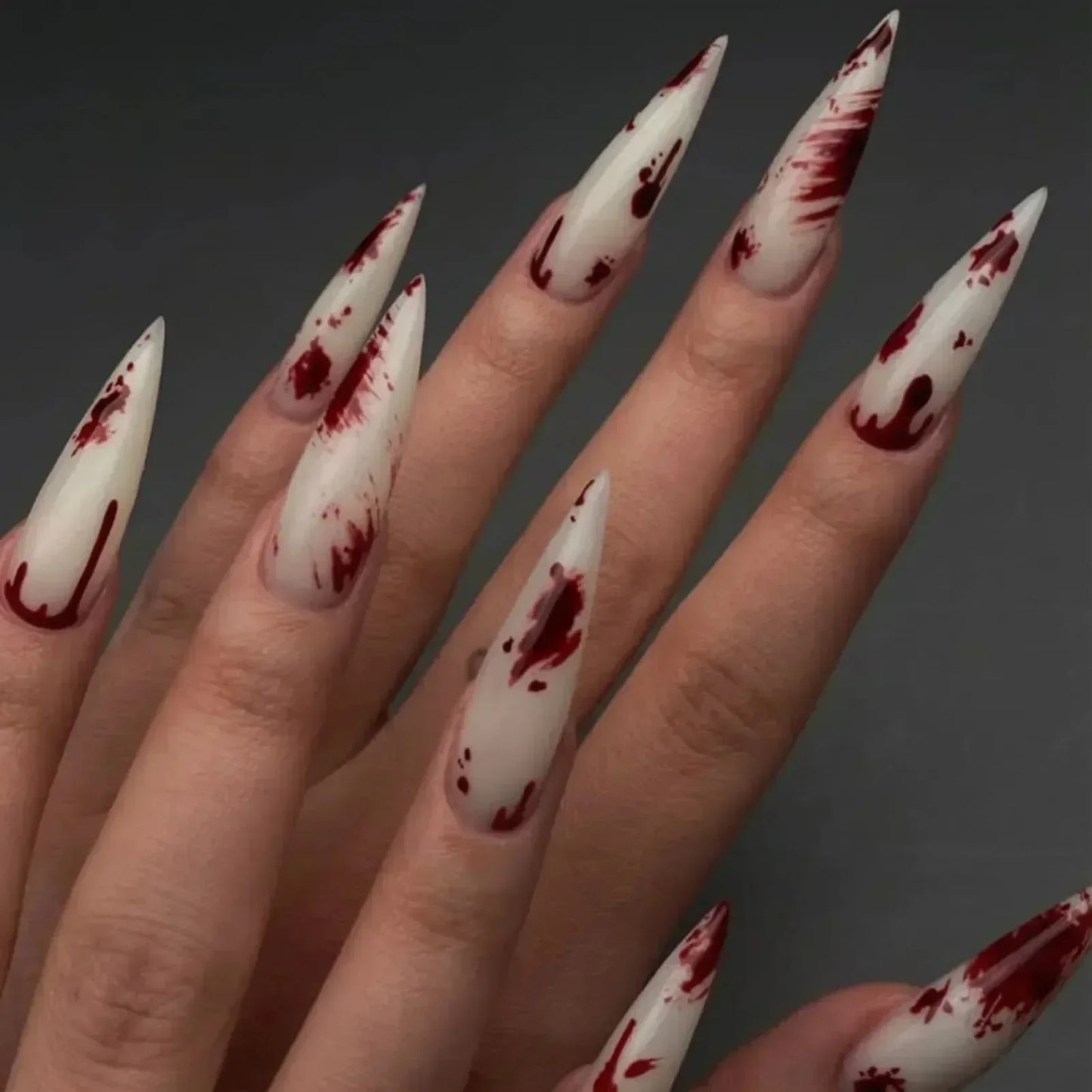 24pcs Blood Splatter Press-On Nails Set Almond-Shaped Long Length Glossy Finish Red and White Faux Nail Kit for Women Halloween