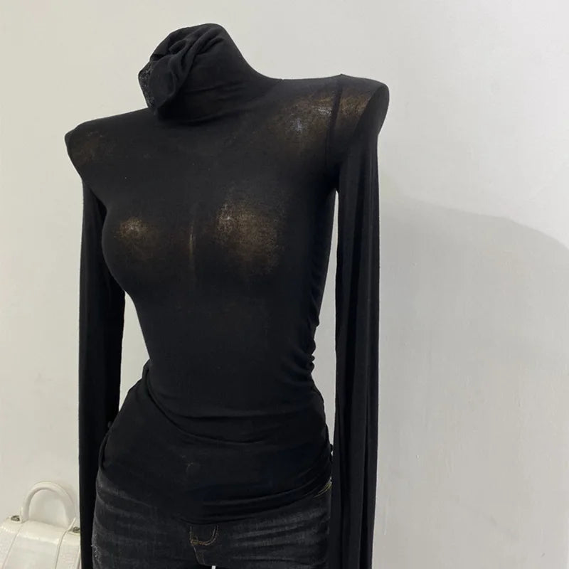 Korean style standing collar long sleeved T-shirt, high collar bottom shirt, women's slim fit slightly transparent top