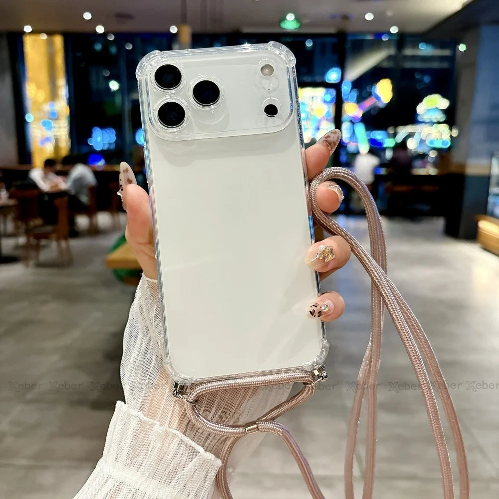 Shockproof Clear Soft Bumper Case For iPhone 17 16 15 14 Pro Max Plus Crossbody Lanyard Necklace Strap Cord Nylon Rope Cover