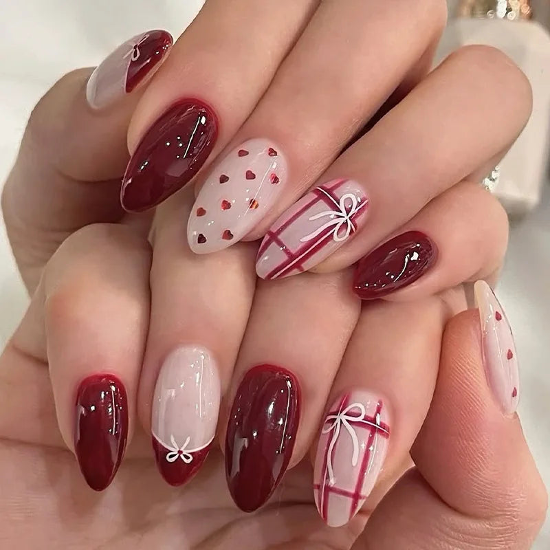 24pcs Cat's Eye Press on Nails Sets Simple Red Long Almond Fake Nails Tips Bow Design False Nail Rhinestone Round Head Manicure