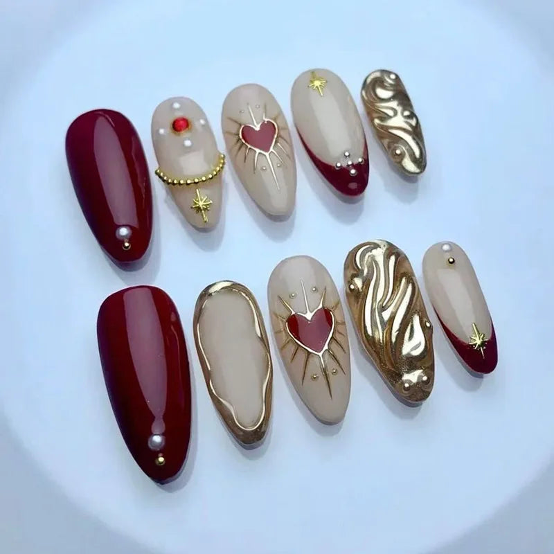 24pcs French Fake Nails Finished Almond Nails Sets with Golden Bow Design False Nail Art Simple Datachable Press on Nails Tips