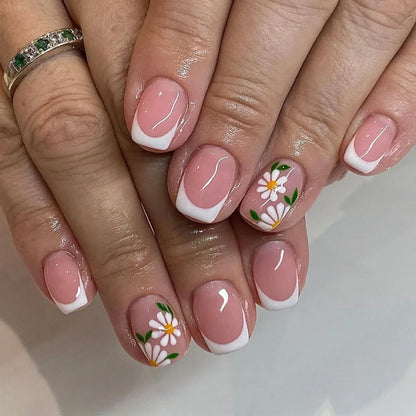 24Pcs Spring Colorful French Fake Nail with Designs Short Square Head Press on False Nails Wearable Simple Jelly Sticks on Nails