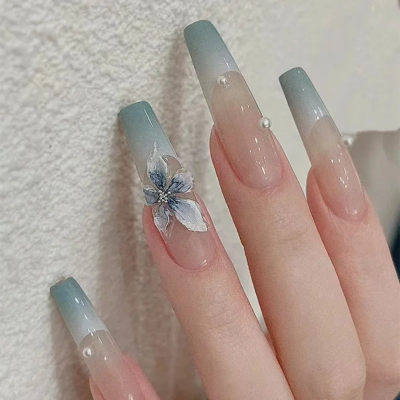 24Pcs Gold French Border False Nails Long Coffin False Nails with Rhinestones Ballerina Full Cover Nail Tips Press on Nails