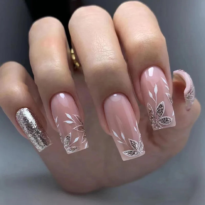 24pcs Press on Nails Flower Design Mid-length Ballet False Nail Fashion Brown Full Cover Manicure Tips Datachable Fake Nails Set