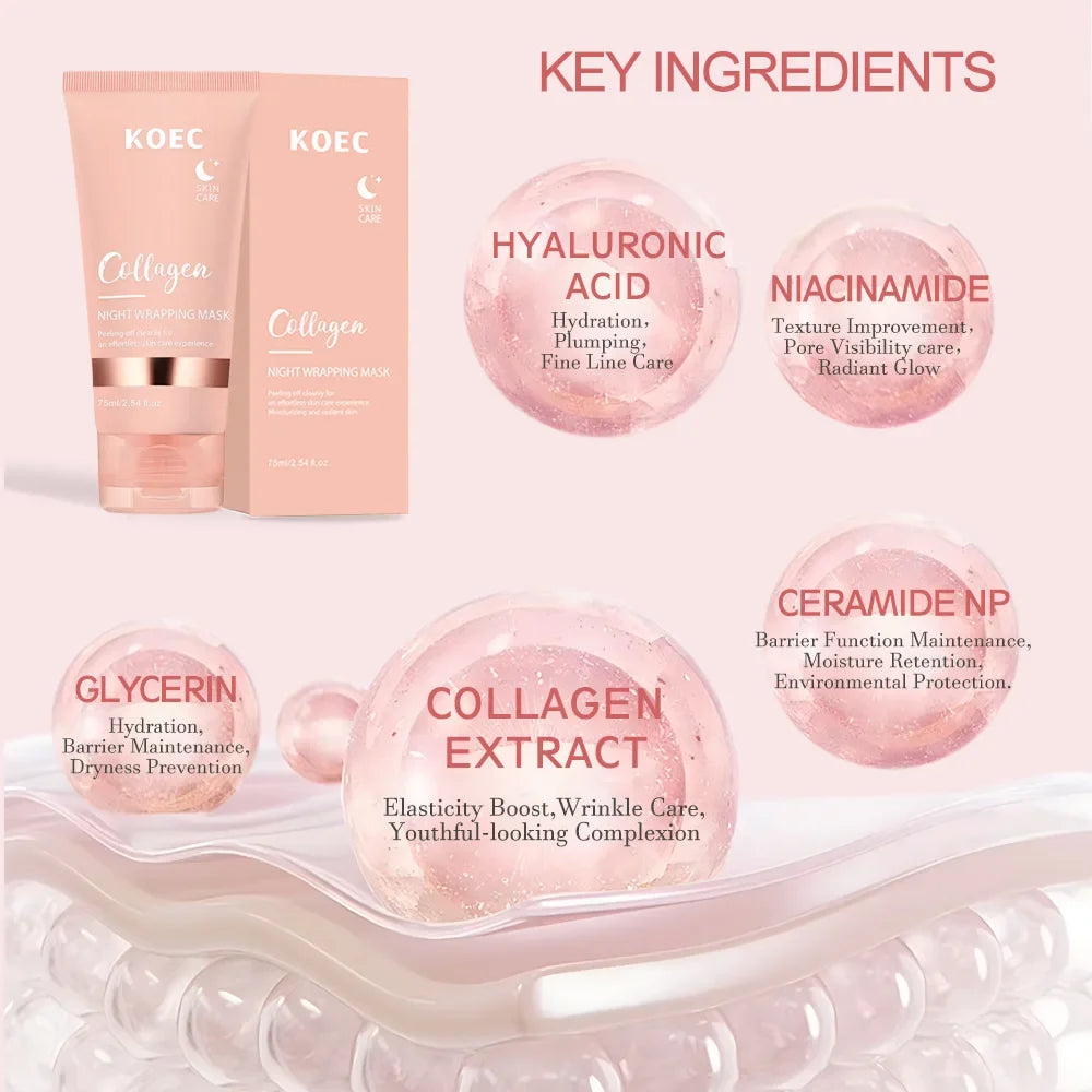 Korean Collagen Overnight Facial Mask Set - Deeply Hydrating Peel off Night Wrapping Cream for Night Care