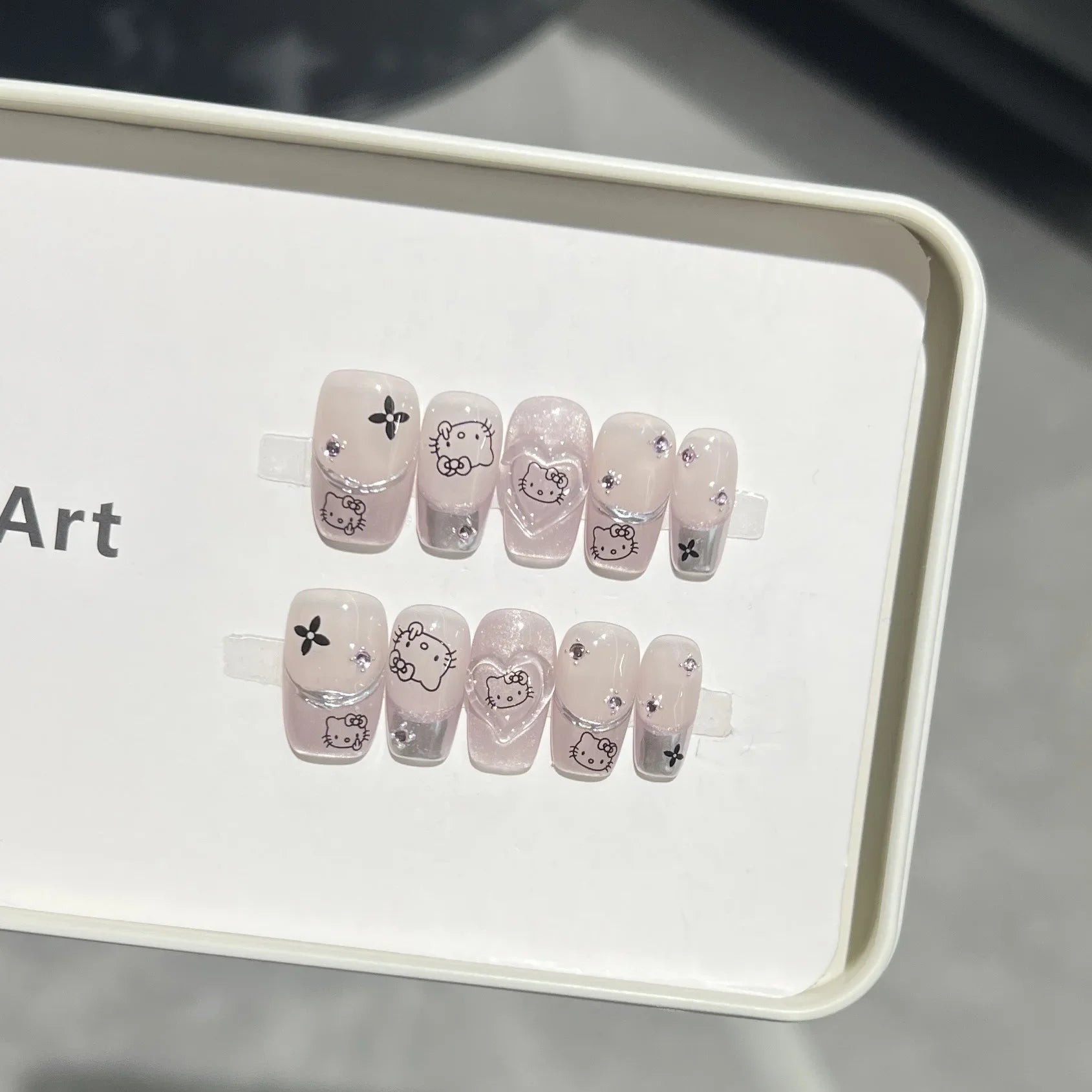 10PCS Purple Cat Eye Handmade Medium Square Fake Nails Sweet Cartoon Cat Patterns Silver French Press on Nails Korean Nail Tips