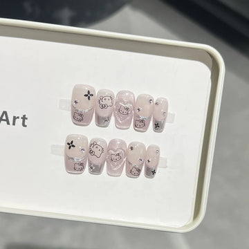 10PCS Purple Cat Eye Handmade Medium Square Fake Nails Sweet Cartoon Cat Patterns Silver French Press on Nails Korean Nail Tips