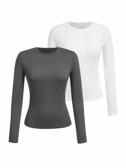 Women's solid-color long-sleeved T-shirt - Polyester knitted fabric, round neck, regular fit, fall-winter style