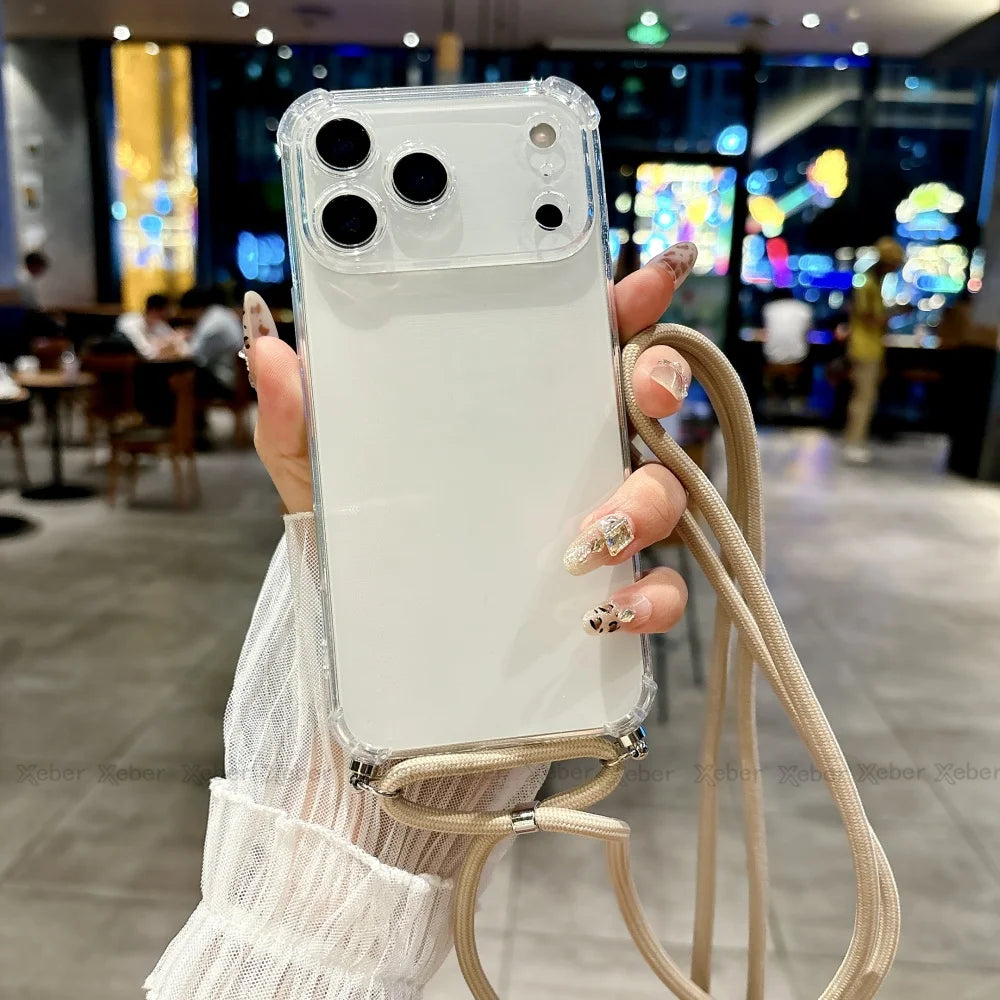 Shockproof Clear Soft Bumper Case For iPhone 17 16 15 14 Pro Max Plus Crossbody Lanyard Necklace Strap Cord Nylon Rope Cover