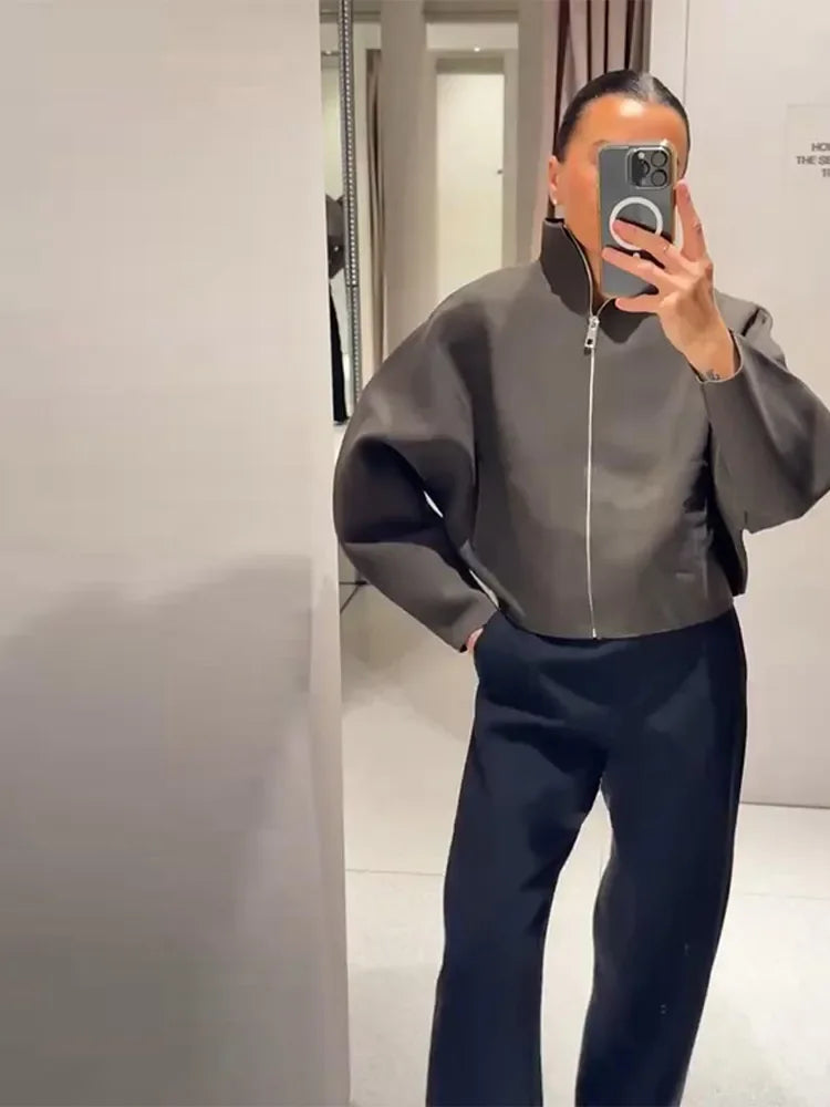 Women Casual Solid Knitted Short Cardigan Lapel Full Sleeve Zipper Loose Cropped Coats 2025 Lady Daily Commute Fashion Outerwear