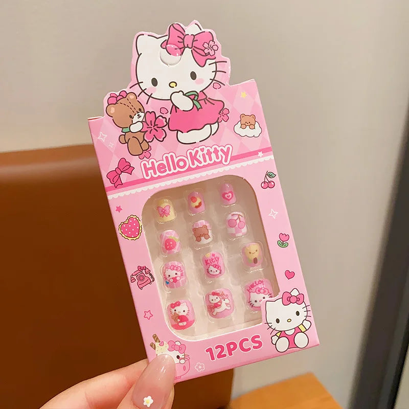 12pcs Kids 3D Stereo Sanrio Fake Nails Patch Sweet Girls Cute Cartoon Hello Kitty press on nails Kuromi Child Wearable FalseNail