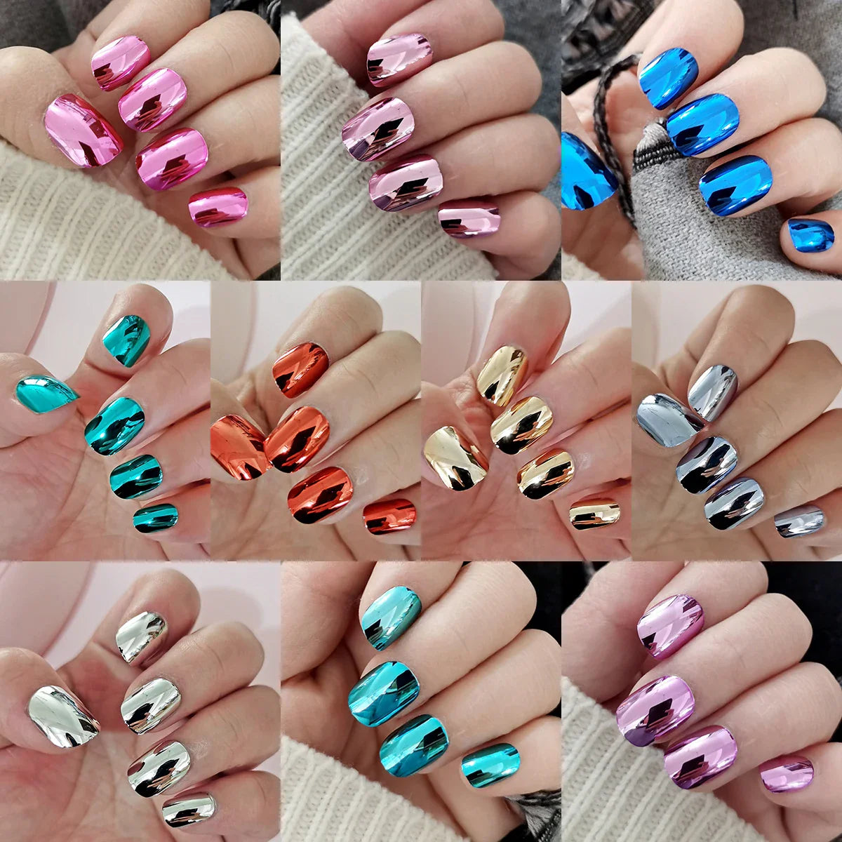 48 Pcs Gold Silver Mirror Chrome Kids Nails Press On Metalic False Nail Art Tips Pre-glue Short Oval Full Cover Fake Nails