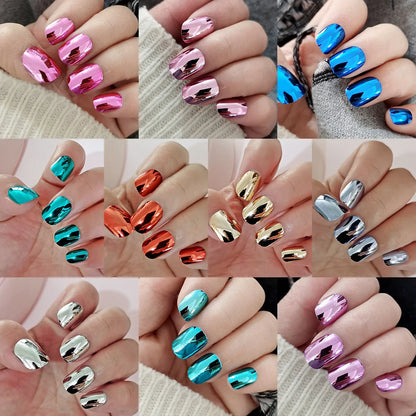 48 Pcs Gold Silver Mirror Chrome Kids Nails Press On Metalic False Nail Art Tips Pre-glue Short Oval Full Cover Fake Nails