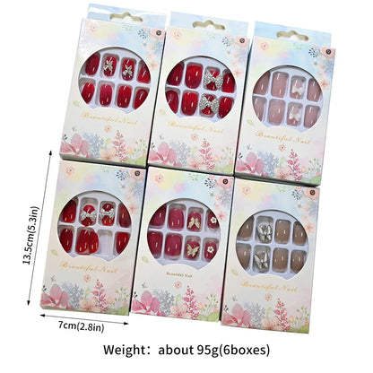 6 Boxes/set Press On Nails Full Cover Sweet Pink Red Short Round Head False Nails Manicure Wearable Nail Tips with Jelly Gel