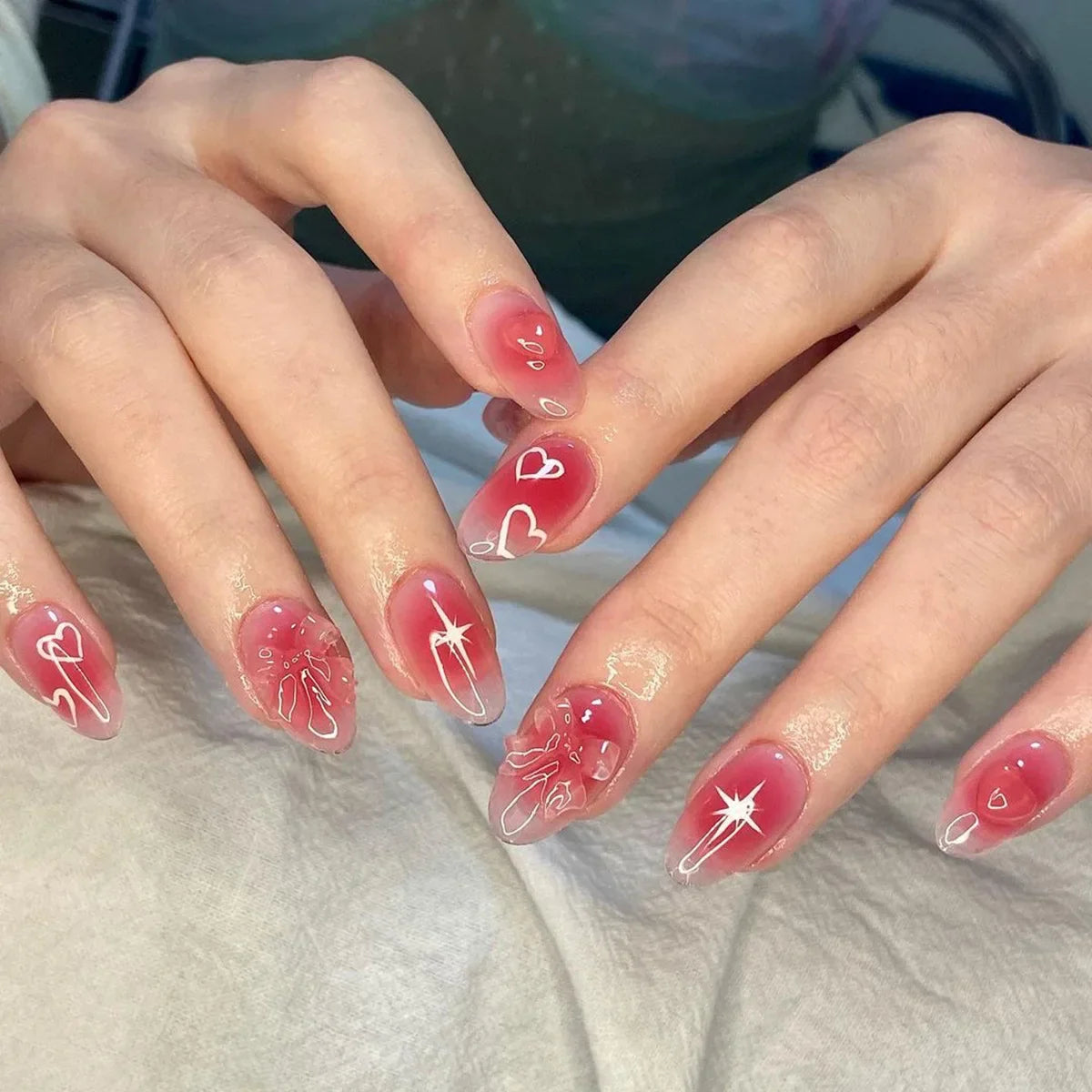 24pcs Pink Fake Nail Patch Sweet Korean Style False Nails Full Cover Wear White Bow Decortive Press on Nails for Girls Women