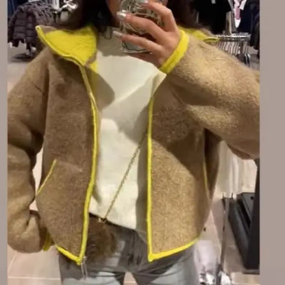 Fashion Contrasting Knitted Cardigan for Women Elegant Long Sleeve Pockets Zipper Sweater 2026 Spring Street Lady Chic Outwear