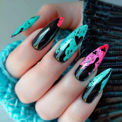 Upgrade your nail styling 24pcs mid-length almond shape autumn and winter black matte texture simple crimson lines fake nails ma