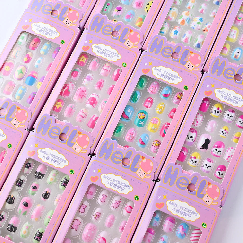 24Pcs/box Kids nails for Girl Cartoon Pattern False Nail Cute Child Fake Nails Tips Kawaii Acrylic Artificial Press on Nail+Tool