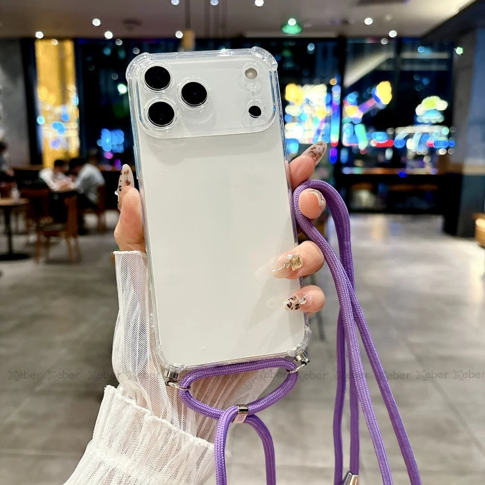 Shockproof Clear Soft Bumper Case For iPhone 17 16 15 14 Pro Max Plus Crossbody Lanyard Necklace Strap Cord Nylon Rope Cover