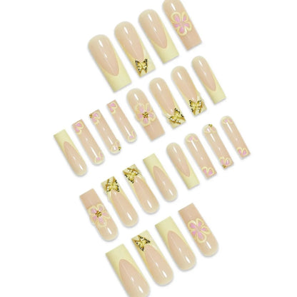 24pcs Fresh Long Coffin Fake Nails Yellow French Style Flower Printed Metal Butterfly Designs Press On Nails Summer False Nail