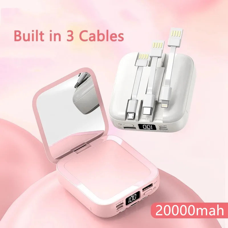 20000mAh Power Bank with Makeup Mirror Detachable Digital Display External Battery Built in Cable for iPhone Samsung
