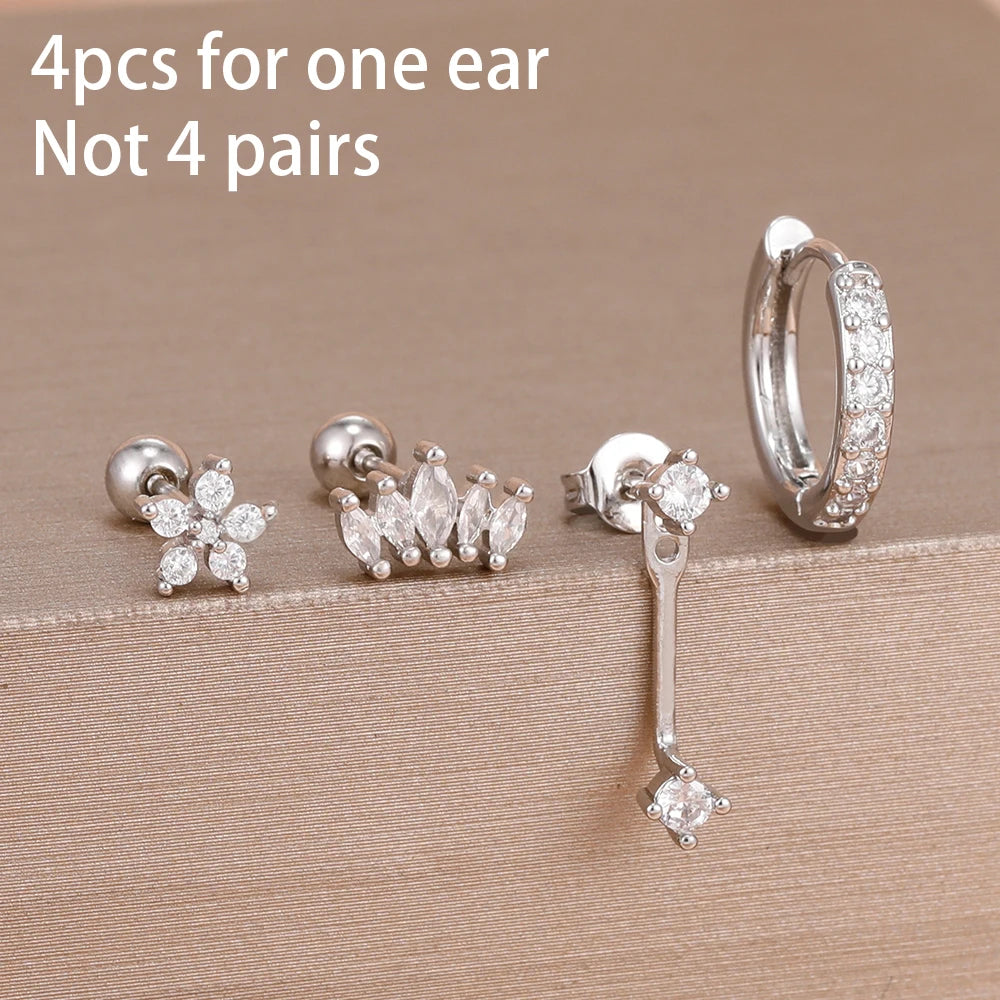 4PCS Stainless Steel Circle Huggie Hoop Earrings Set for Women Gold Color Unique Zircon Flower Stud Earring Piercing Jewelry