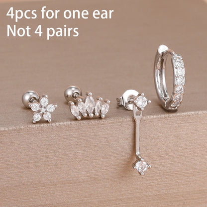 4PCS Stainless Steel Circle Huggie Hoop Earrings Set for Women Gold Color Unique Zircon Flower Stud Earring Piercing Jewelry