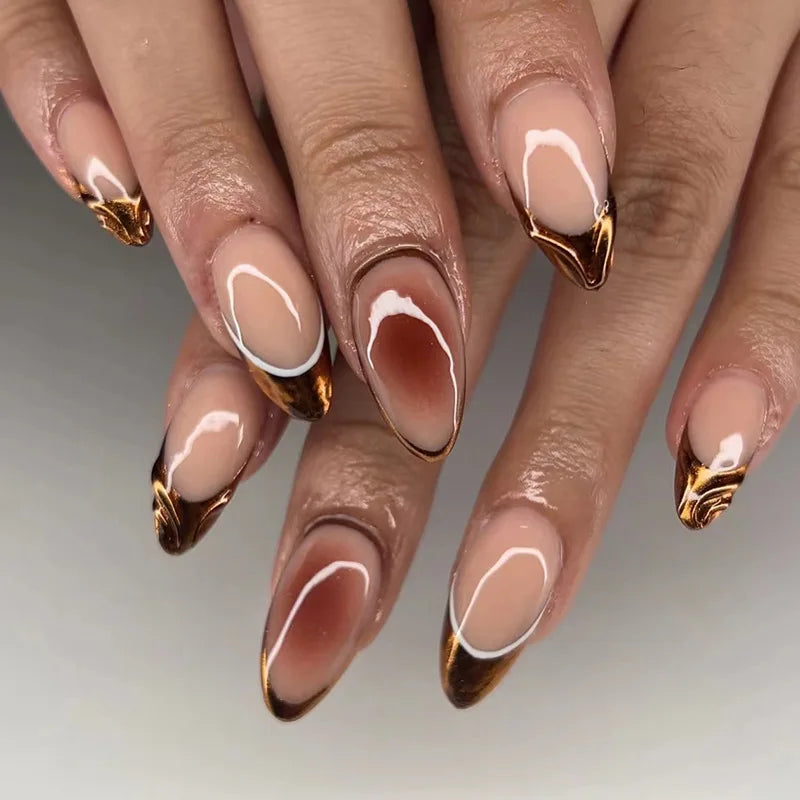 24Pcs Cyber Punk Style Almond False Nails Press on Pink Blush Full Cover Fake Nails 3D Ombre Wearable Acrylic Nail Manicure Tips