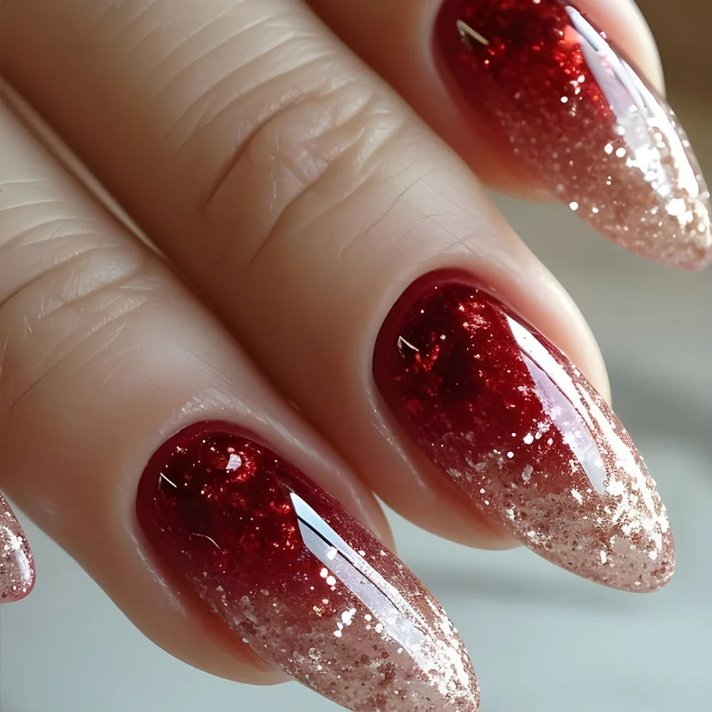 24pcs/set short middle fake nails super sparkling glitter flowers starry sky ballet square almond tips press on false nails art