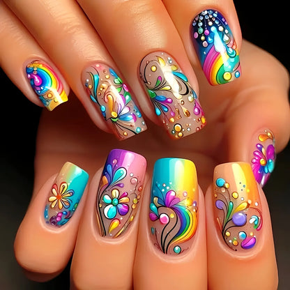 24Pcs Fashion French Fake Nails Colorful Glitter with Butterfly Patterns Medium Square False Nail Art Wearable Acrylic Nail Tips
