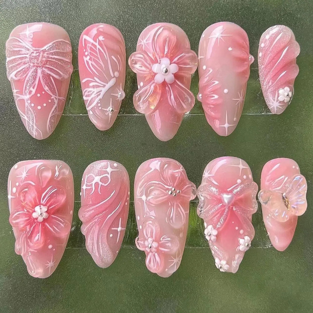 24pcs Sweet Pink Fake Nail Patches Blush 3D Bows Flower Pearl Buttertfly Press On Nails Wearable Almond Korean False Nail Tips