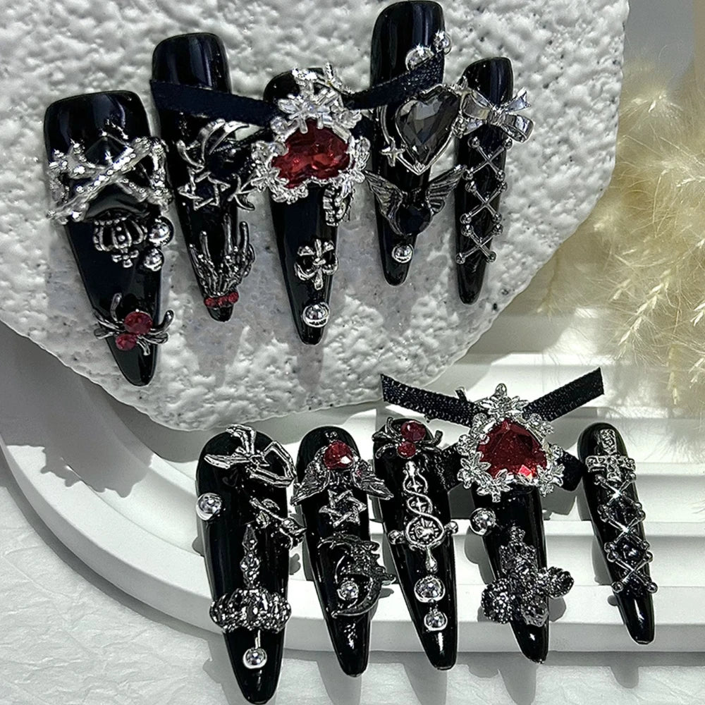 Menhera Y2K Spice Girls Black Red Long Tip Handmade Press On Nails Cross Spider Love Diamond Fake Nails Bow Cool Dark Nail Art