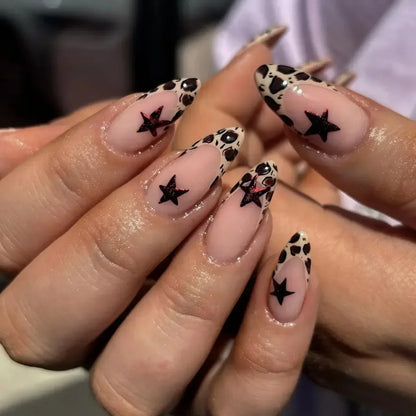 Leopard Print Ballet Fake Nails Art Almond False Nail Tip Charm Star Bowknot Flower Heart Cherry Pointed Press on Nails Manicure