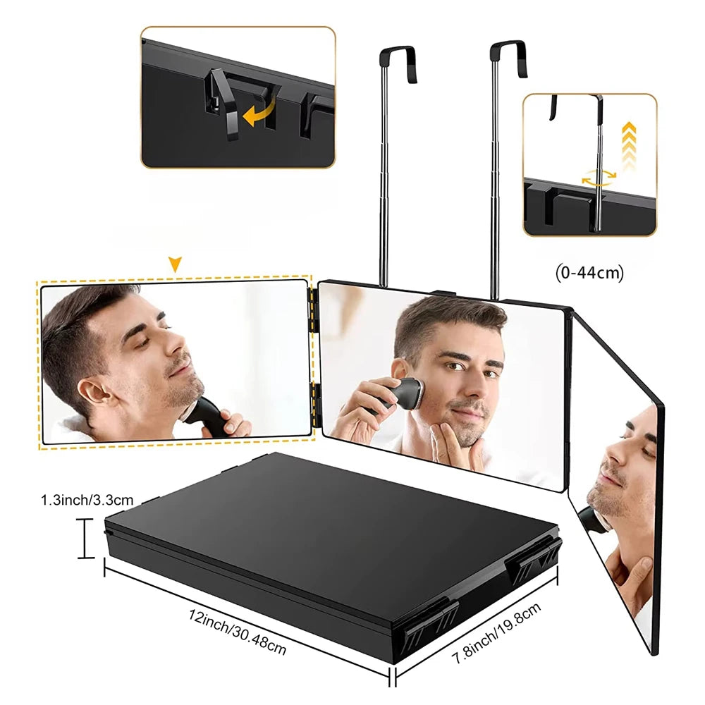 Black Portable 360 Trifold Mirror with Height Adjustable Telescoping Hooks Ideal for Self Hair Cutting Makeup Essential Fordable