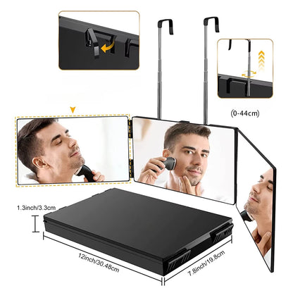 Black Portable 360 Trifold Mirror with Height Adjustable Telescoping Hooks Ideal for Self Hair Cutting Makeup Essential Fordable