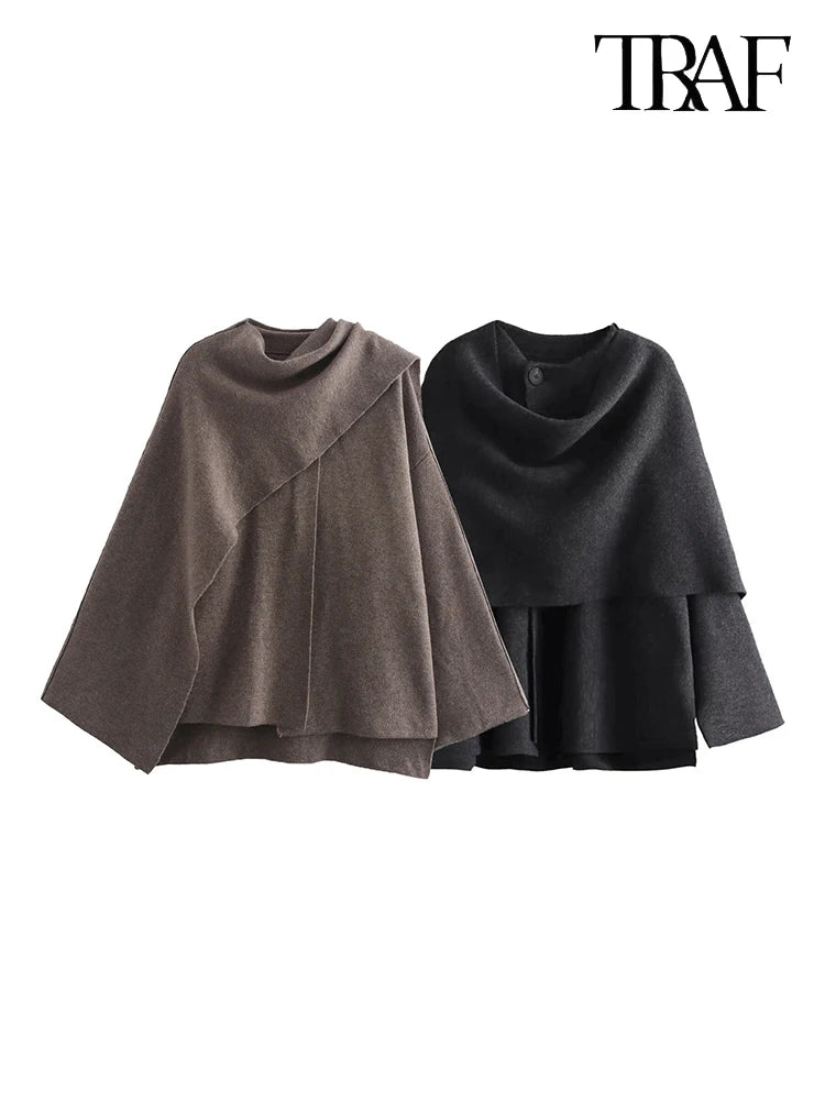 TRAF Women's Fashion Fall/Winter Fashion Asymmetric Scarf Knit Jacket Long Sleeve Split Hem Streetwear Casual Jacket