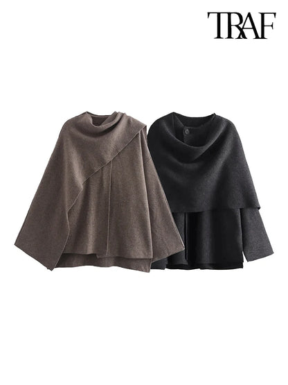 TRAF Women's Fashion Fall/Winter Fashion Asymmetric Scarf Knit Jacket Long Sleeve Split Hem Streetwear Casual Jacket