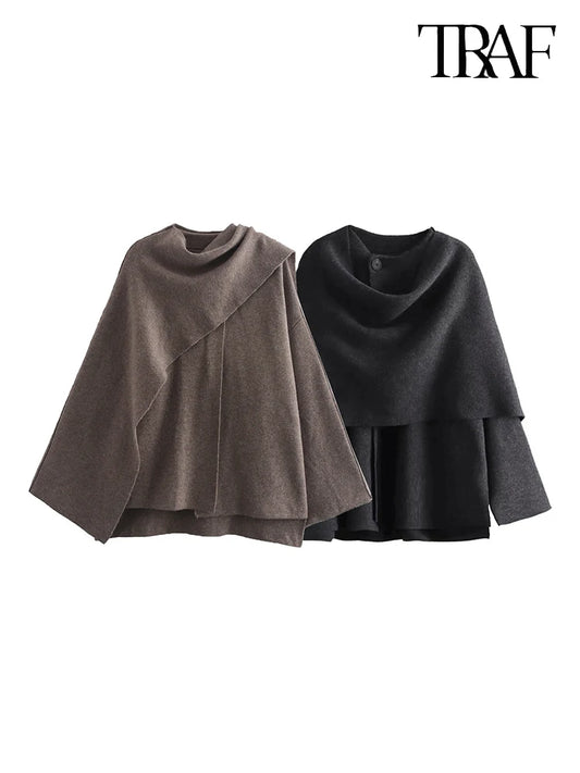 TRAF Women's Fashion Fall/Winter Fashion Asymmetric Scarf Knit Jacket Long Sleeve Split Hem Streetwear Casual Jacket