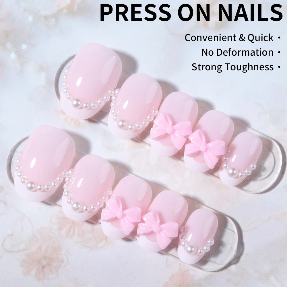 24pcs short oval White French Tip Press On Nails short Bow with pearls design Fit Perfectly Acrylic False Nail set,contain 1pcs