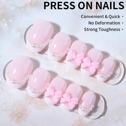 24pcs short oval White French Tip Press On Nails short Bow with pearls design Fit Perfectly Acrylic False Nail set,contain 1pcs