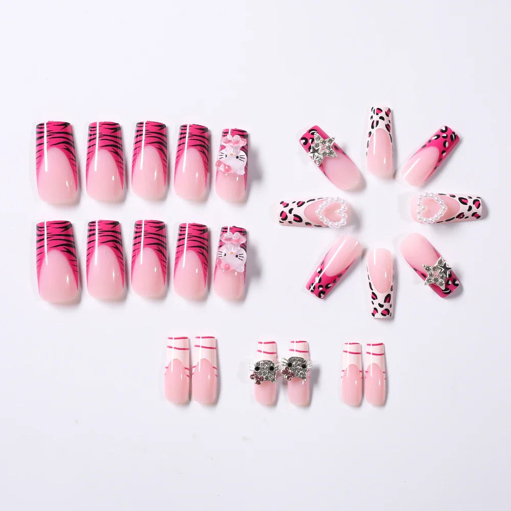 24Pcs Pink French Leopard Hello Kitty False nails 3D Y2k Star Heart Kitty Cat Rhinestones Press On Nails Cute Cartoon Fake Nails