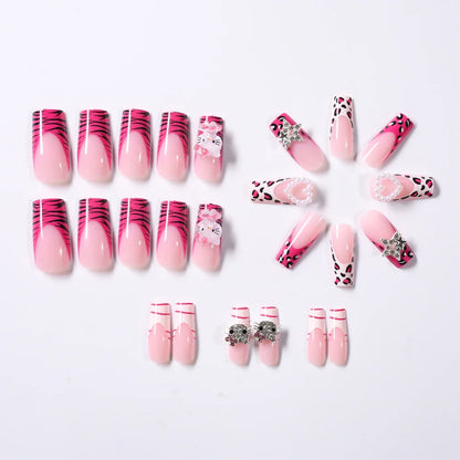 24Pcs Pink French Leopard Hello Kitty False nails 3D Y2k Star Heart Kitty Cat Rhinestones Press On Nails Cute Cartoon Fake Nails