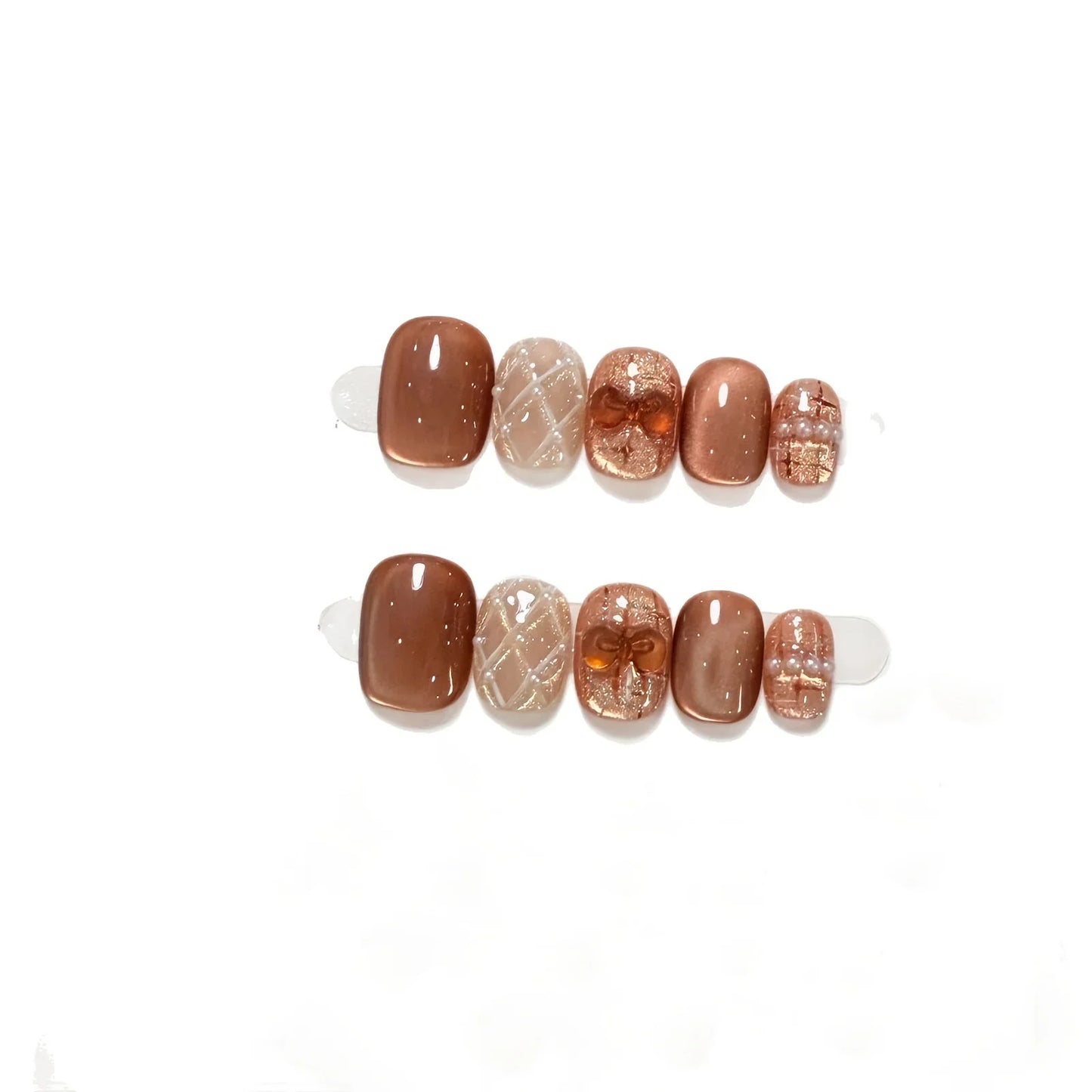 10pcs Handmade Press on Nails Brown Diamond Pattern Bow Full Coverage Nail Tips for Women&Girls Removable Wearable False Nail