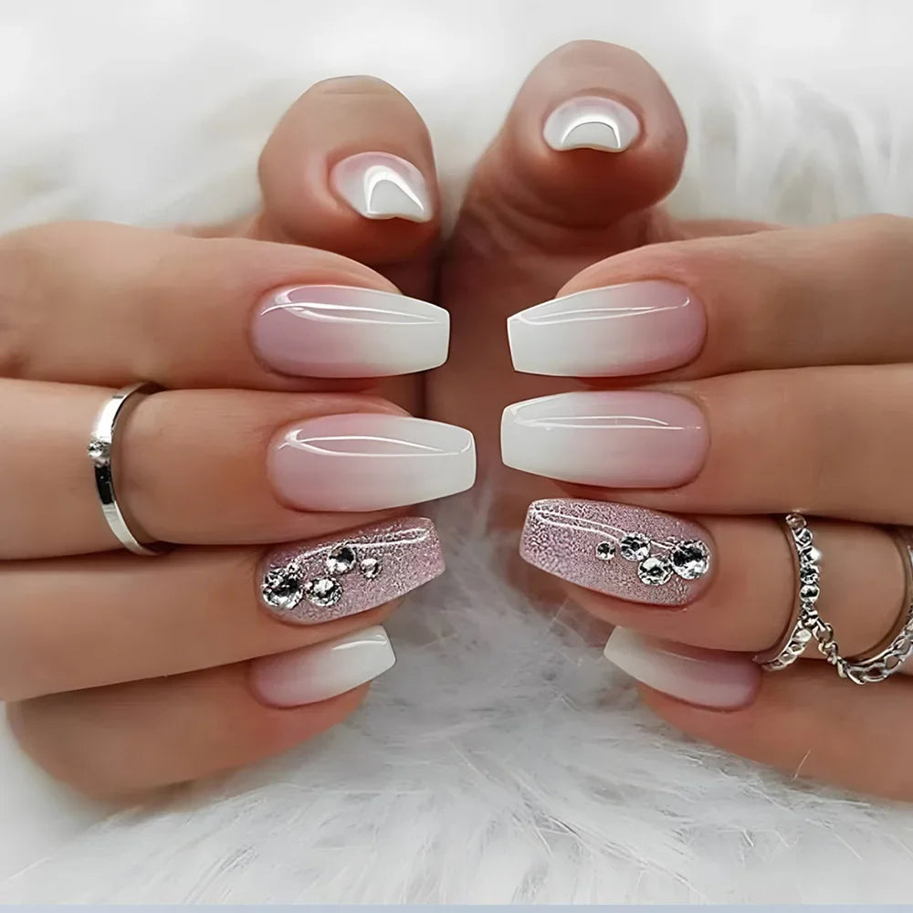 24Pcs Shiny Pearl Wearable False Nails Short Square Fake Nail Simple Summer Press on Nails Detachable Full Cover Nail Tips