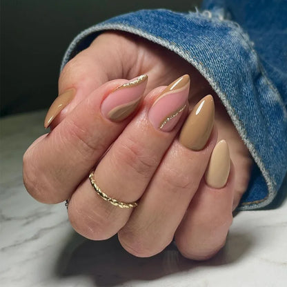 24Pcs Simple Glitter Almond False Nails with Glue Ballerina Nail Design Sweet Cool French Detachable Press on Nail Manicure Tips